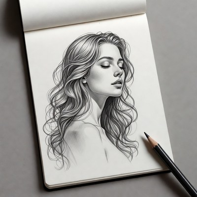 Pencil sketch of woman with wavy hair