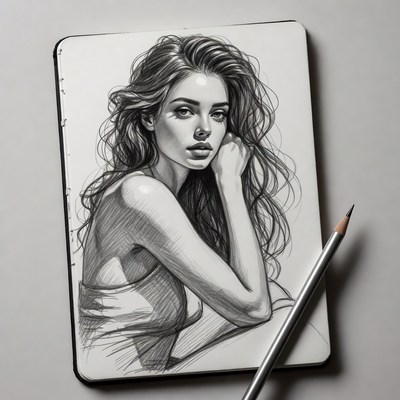 Pencil sketch of woman with long hair