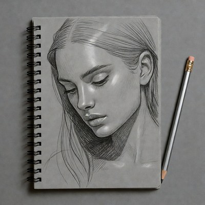 Pencil sketch of woman's face in sketchbook