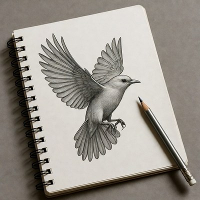 Pencil Sketch of Flying Bird in Notebook