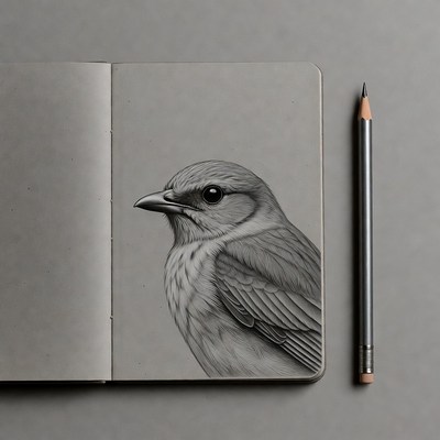 Pencil Sketch of Sparrow in Open Sketchbook
