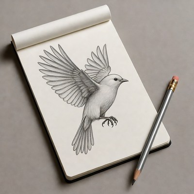 Pencil Sketch Flying Bird on Notepad