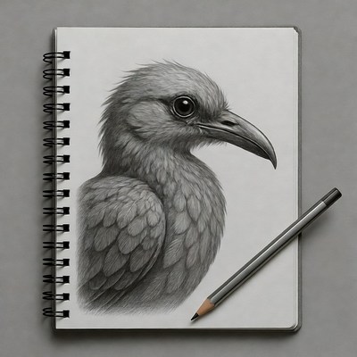Pencil sketch of gray bird in sketchbook