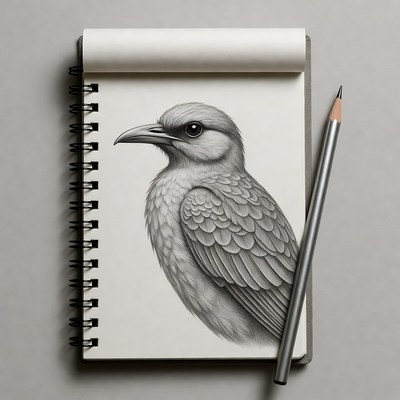Pencil Sketch of Gray Bird on Notebook