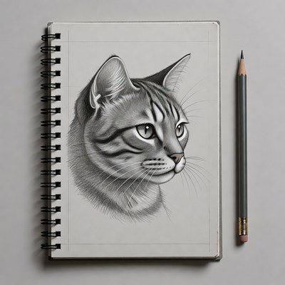 Pencil sketch of tabby cat in sketchbook