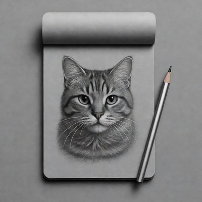 Pencil sketch of tabby cat on notepad