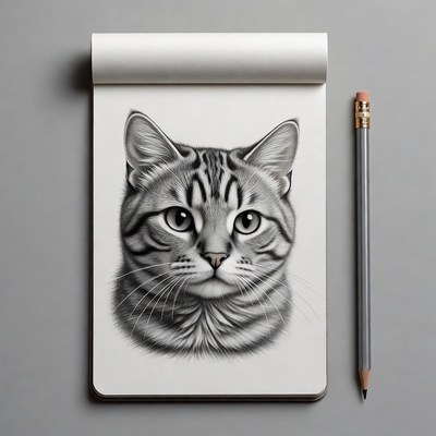 Tabby Cat Drawing on Notepad
