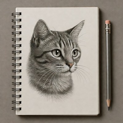 Pencil Sketch of Tabby Cat in Notebook