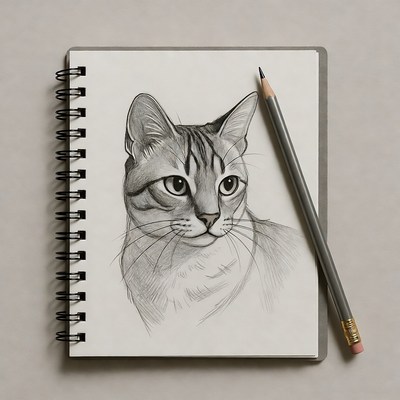 Pencil Sketch of Tabby Cat in Notebook