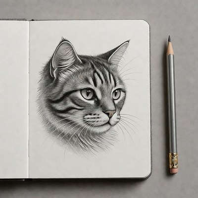 Pencil sketch of tabby cat in sketchbook