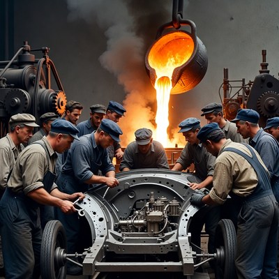 Workers Pouring Molten Metal Factory