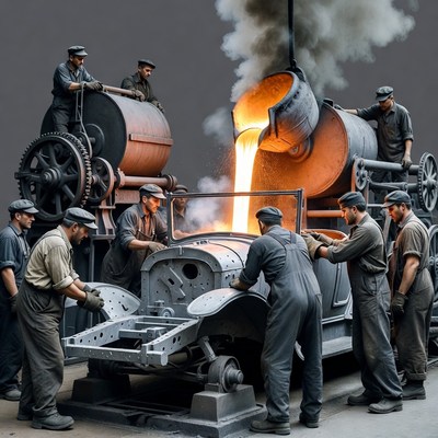 Workers Pouring Molten Metal into Car Frame