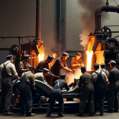 Workers Pouring Molten Metal in Foundry