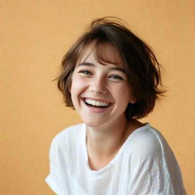 Smiling woman with short brown hair