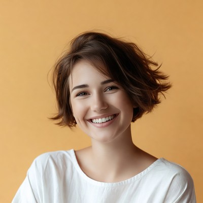 Smiling woman with short brown hair