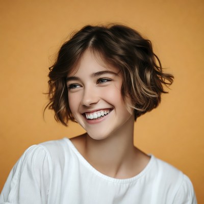 Smiling woman with short wavy hair