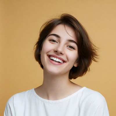 Smiling woman with short brown hair