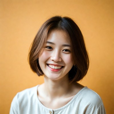 Asian woman smiling on yellow background