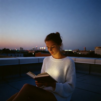 Woman reading book on rooftop at dusk