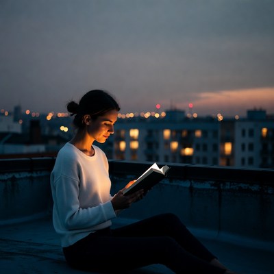 Woman reading book on rooftop at night