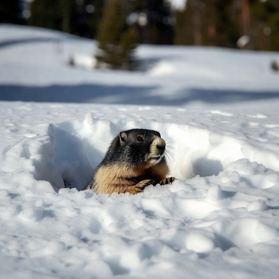 Marmot emerging from snowy burrow