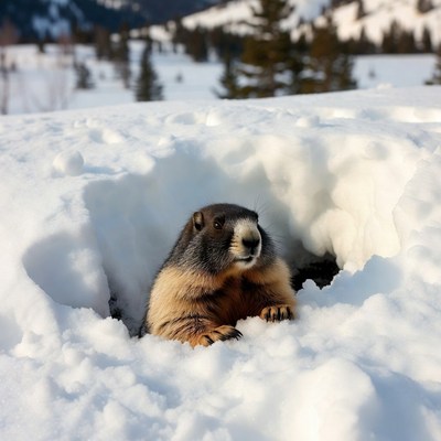 Marmot emerging from snow burrow