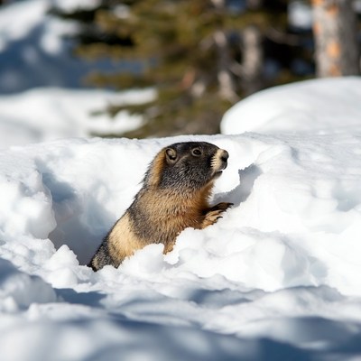 Marmot emerging from snowy burrow