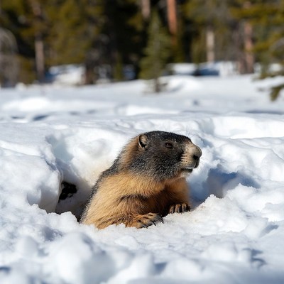 Marmot emerging from snowy burrow
