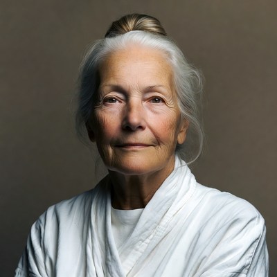Elderly woman with white bun hairstyle