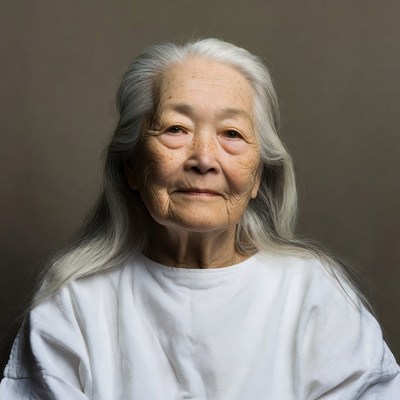 Elderly Asian woman with white shirt
