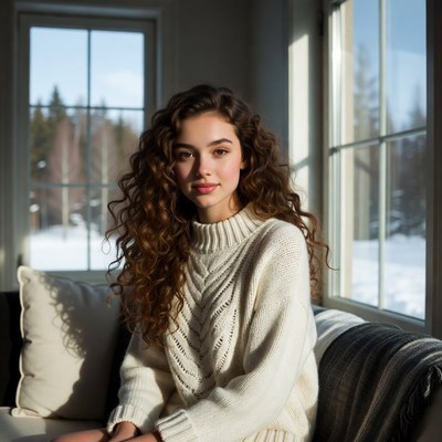 Young woman with curly hair on couch