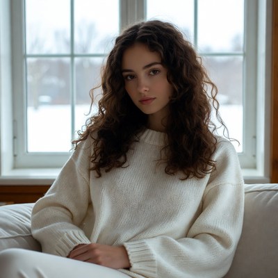 Woman with curly hair by snowy window