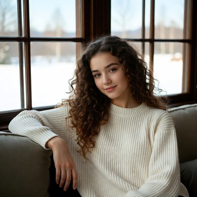 Young woman with curly hair by snowy window