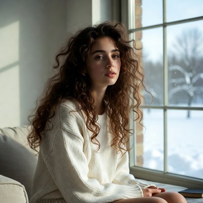 Woman with curly hair by snowy window