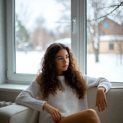 Woman gazing out snowy window