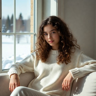 Woman with curly hair by snowy window