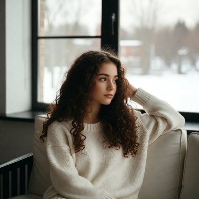 Woman gazing out snowy window