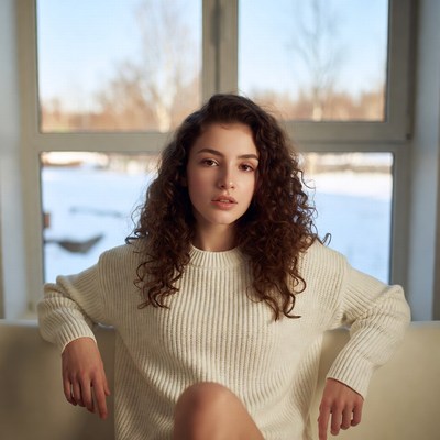 Young woman in white sweater by window
