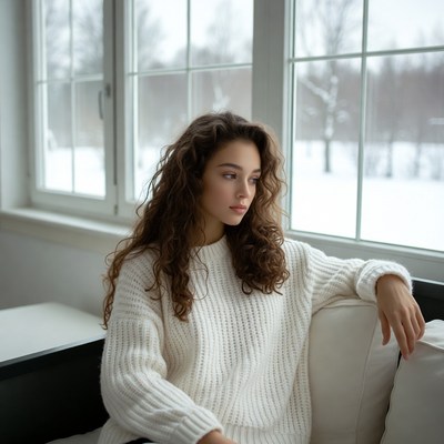 Woman gazing out snowy window