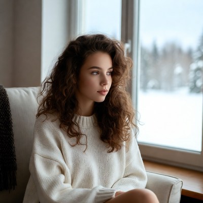Woman with curly hair by snowy window