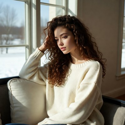 Woman with curly hair by snowy window