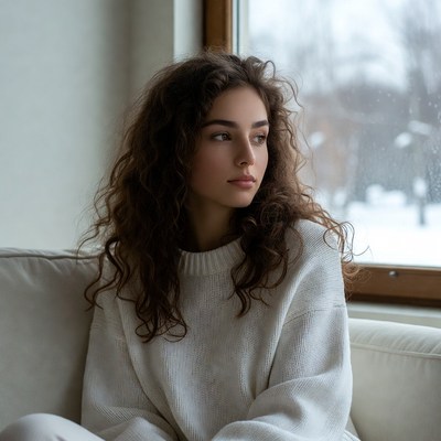 Woman gazing out snowy window