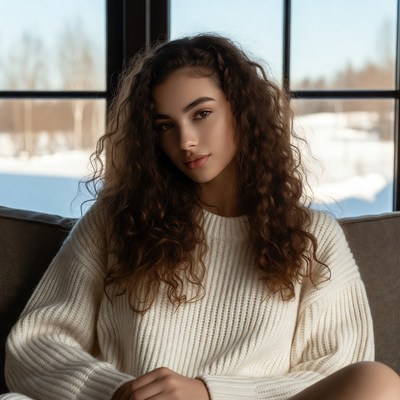 Woman with curly hair by snowy window