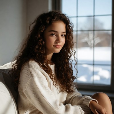 Young woman with curly hair by window