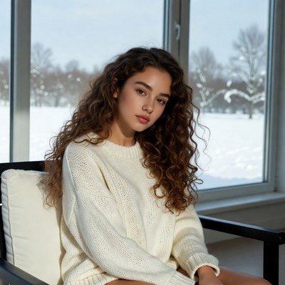 Woman with curly hair by snowy window