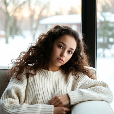 Young woman with curly hair by snowy window