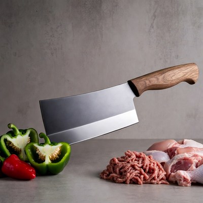 Cleaver with raw meat and peppers