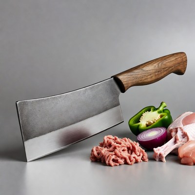 Cleaver with raw meat and vegetables