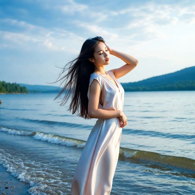 Asian woman in pink dress by lake