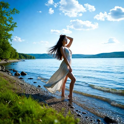 Asian woman in white dress by lake